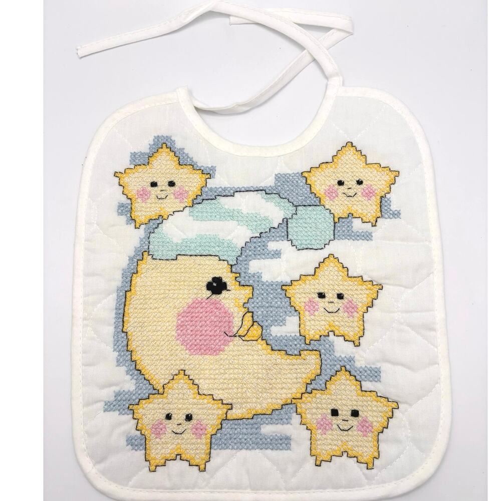 Vintage Janlynn Cross Stitch Complete Bib Moon & Stars Quilted/Sealed Pastel